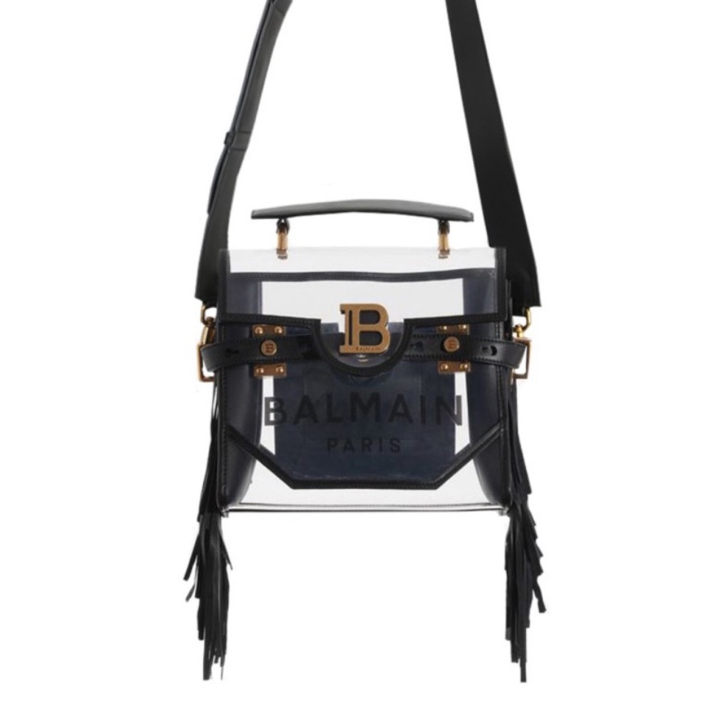 Balmain B Buzz 23 PVC & Black Leather Fringe Shoulder Bag